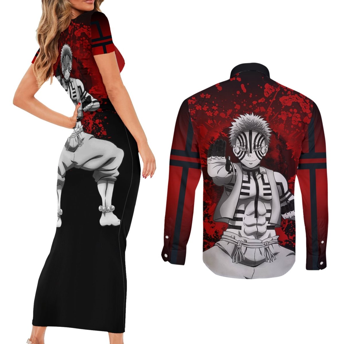 Akaza Demon Slayer Couples Matching Short Sleeve Bodycon Dress and Long Sleeve Button Shirt Japan Art TS04 - The Mazicc - S - S - Red
