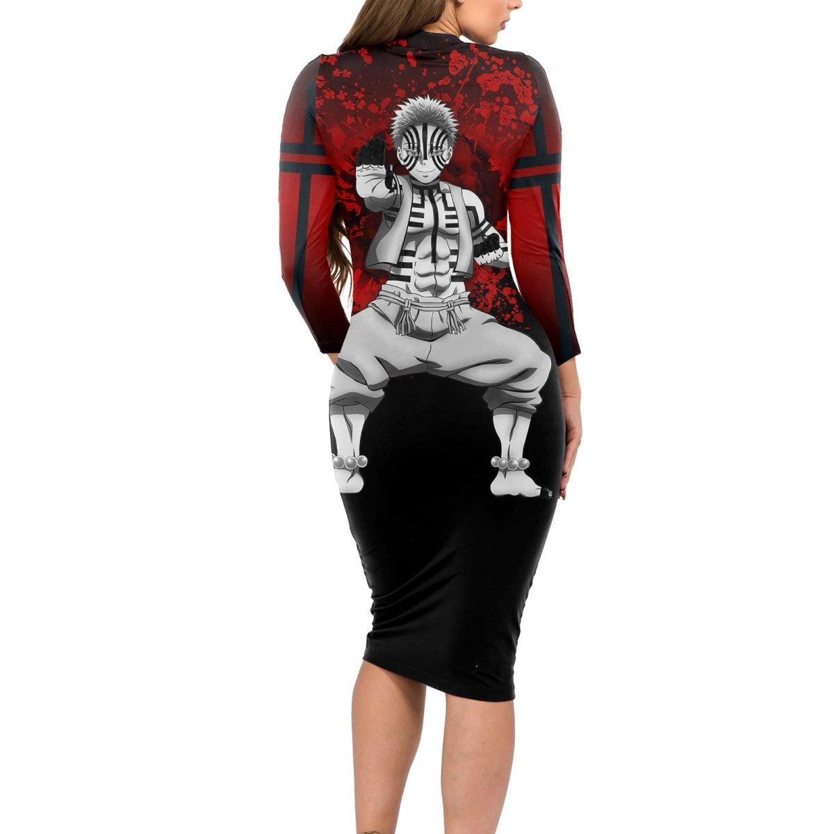 Akaza Demon Slayer Long Sleeve Bodycon Dress Japan Art TS04 - The Mazicc - Long Dress - S - Red