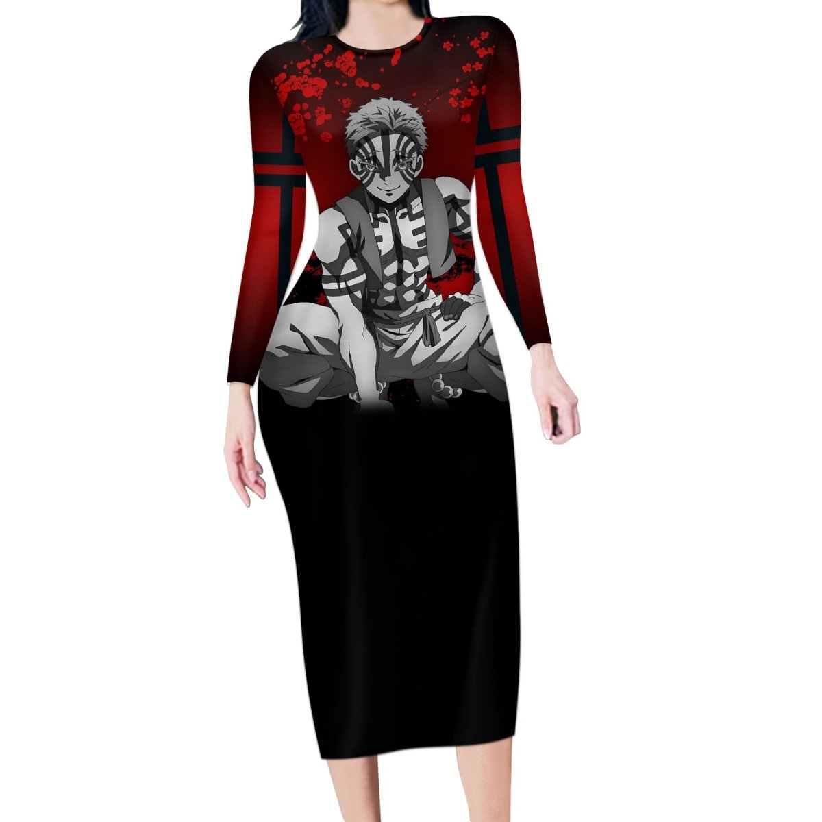 Akaza Demon Slayer Long Sleeve Bodycon Dress Japan Art TS04 - The Mazicc - Long Dress - S - Red