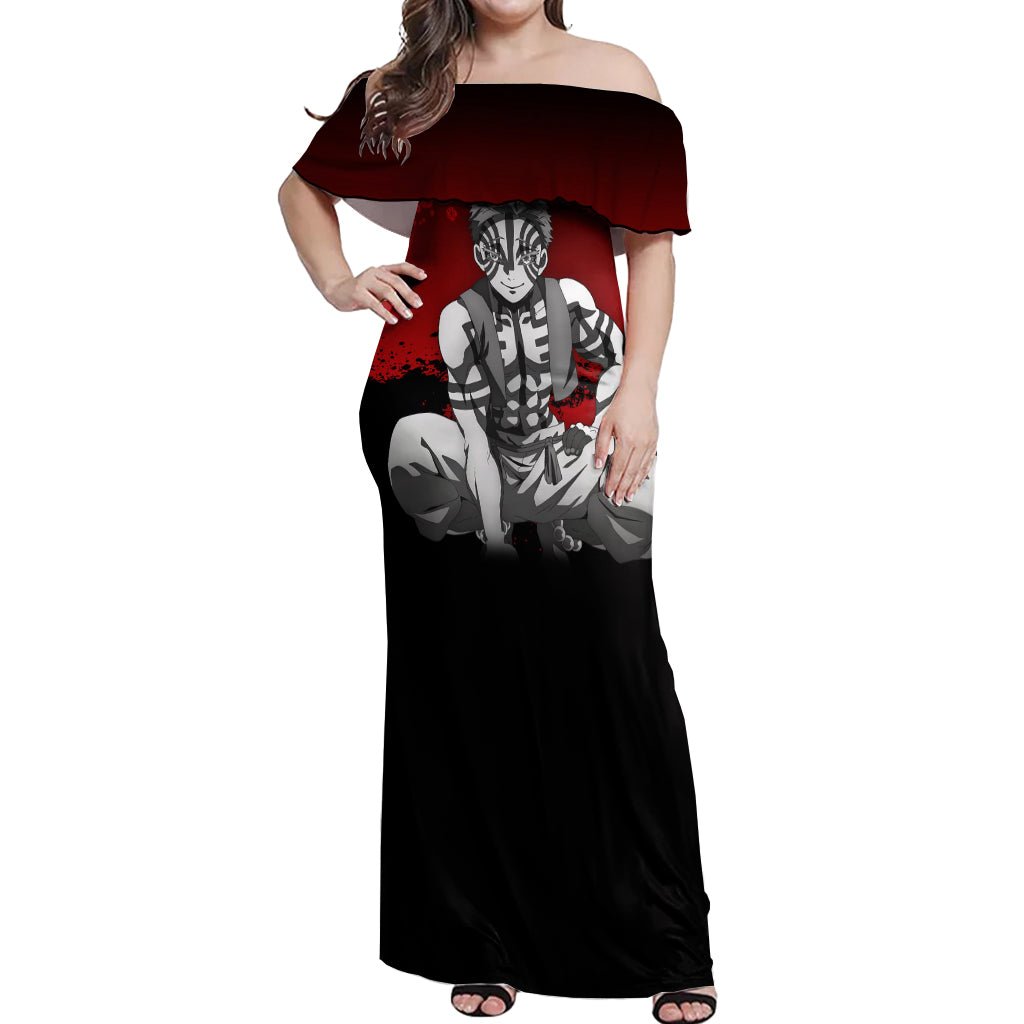 Akaza Demon Slayer Off Shoulder Maxi Dress Japan Art TS04 - The Mazicc - Women - S - Red