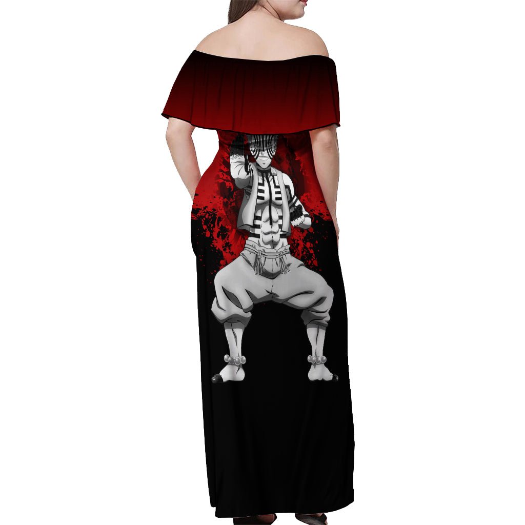 Akaza Demon Slayer Off Shoulder Maxi Dress Japan Art TS04 - The Mazicc - Women - S - Red