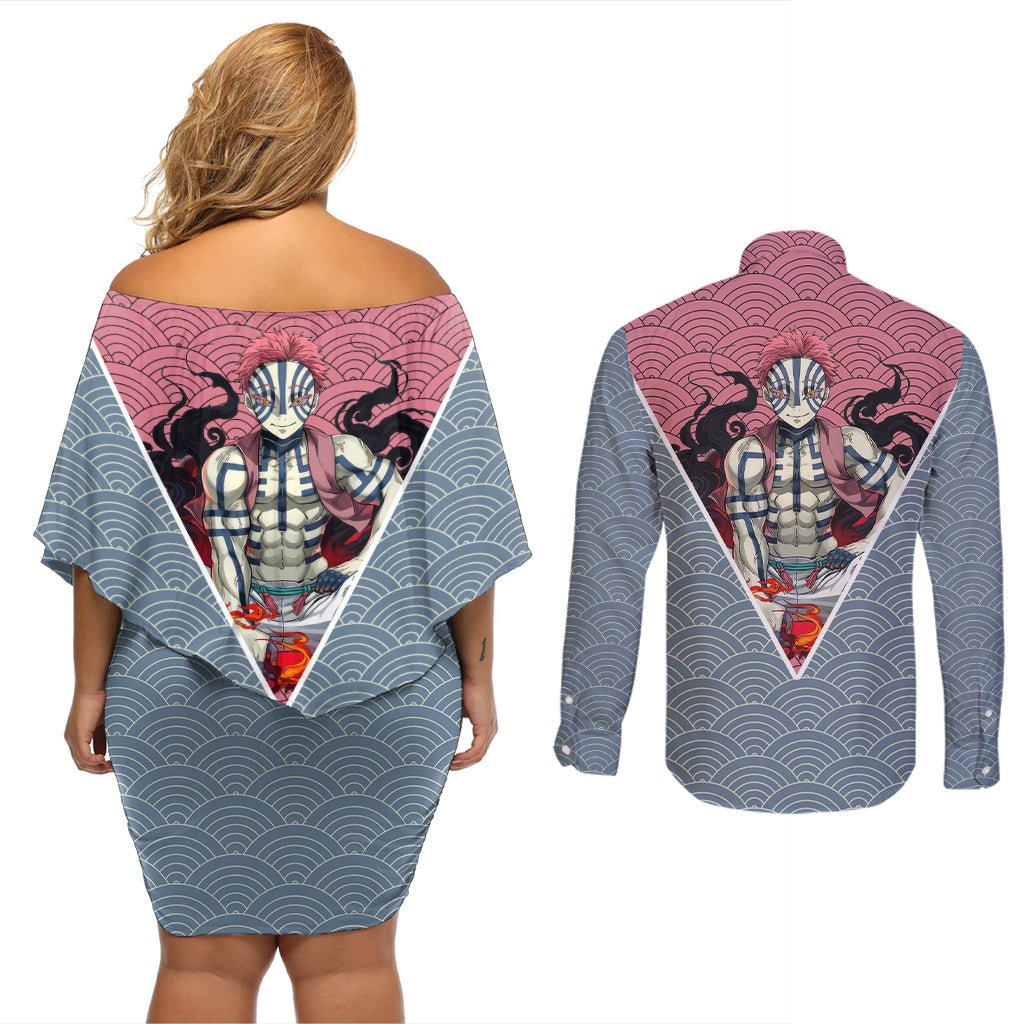 Akaza - Demons Layer Couples Matching Off Shoulder Short Dress and Long Sleeve Button Shirt Anime Mix Japan Pattern Style TS04 - The Mazicc - S - S - Gray/Red