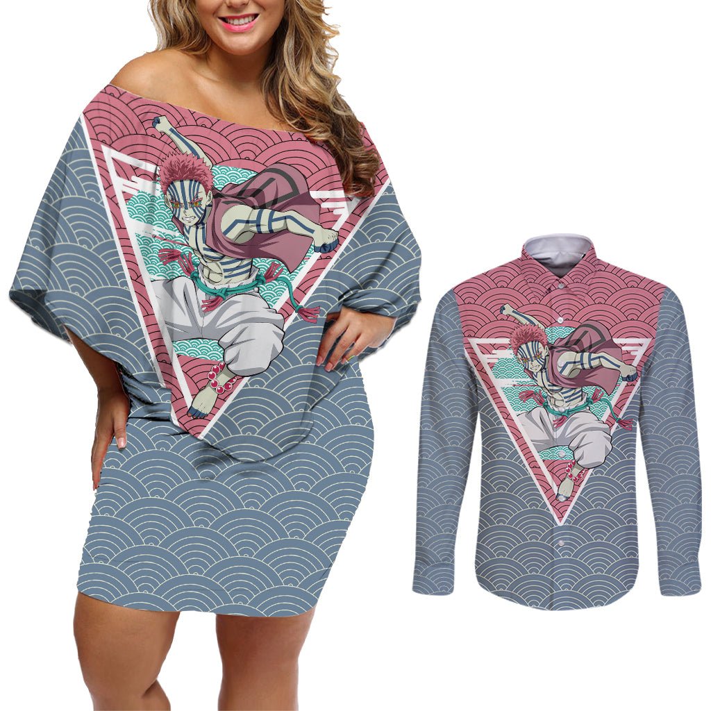 Akaza - Demons Layer Couples Matching Off Shoulder Short Dress and Long Sleeve Button Shirt Anime Mix Japan Pattern Style TS04 - The Mazicc - S - S - Gray/Red