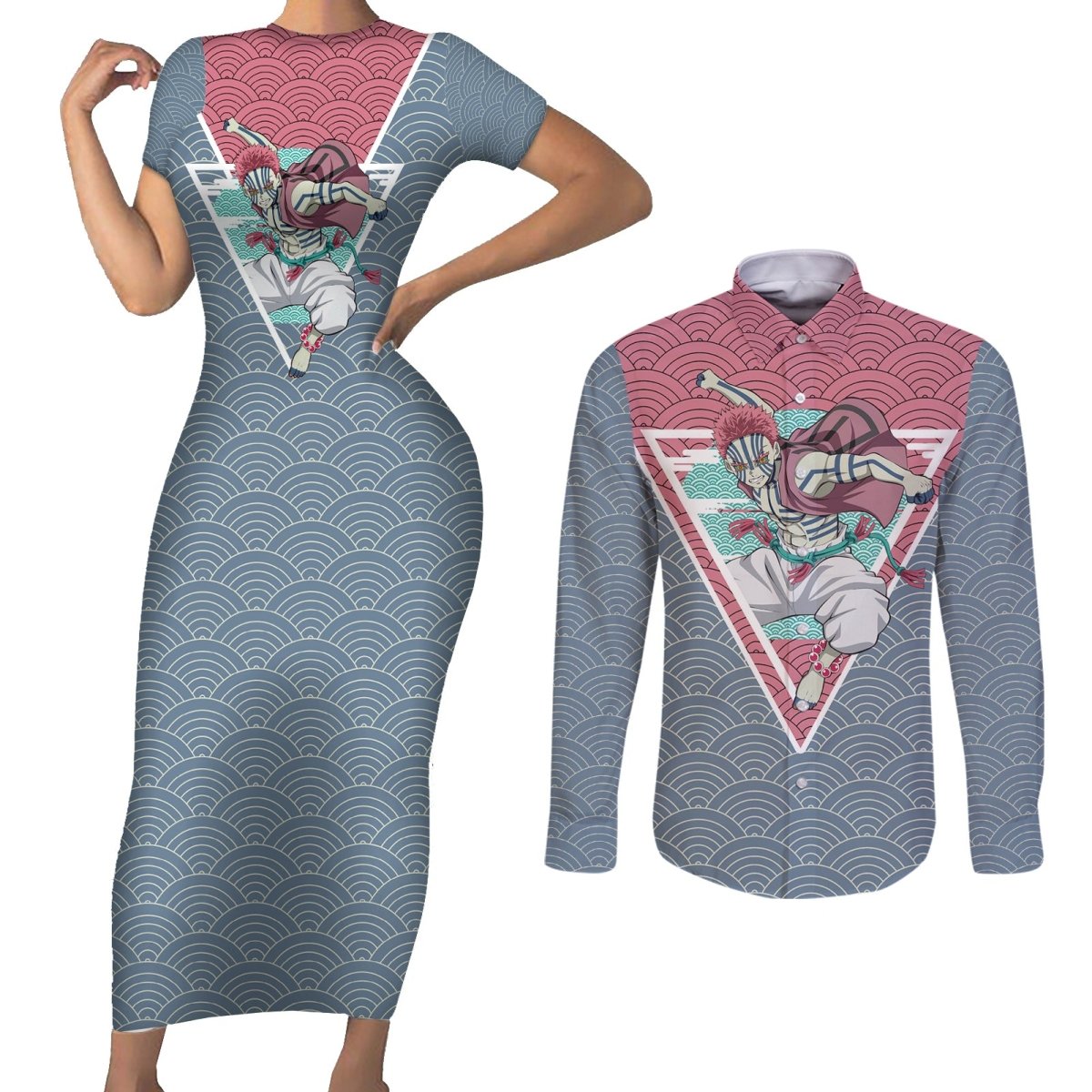 Akaza - Demons Layer Couples Matching Short Sleeve Bodycon Dress and Long Sleeve Button Shirt Anime Mix Japan Pattern Style TS04 - The Mazicc - S - S - Gray/Red