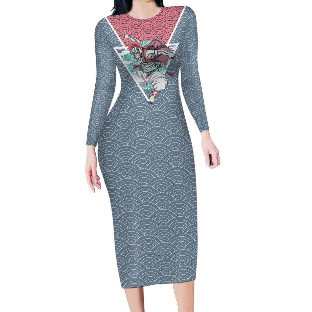 Akaza - Demons Layer Long Sleeve Bodycon Dress Anime Mix Japan Pattern Style TS04 - The Mazicc - Long Dress - S - Gray/Red