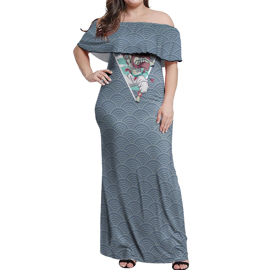 Akaza - Demons Layer Off Shoulder Maxi Dress Anime Mix Japan Pattern Style TS04 - The Mazicc - Women - S - Gray/Red