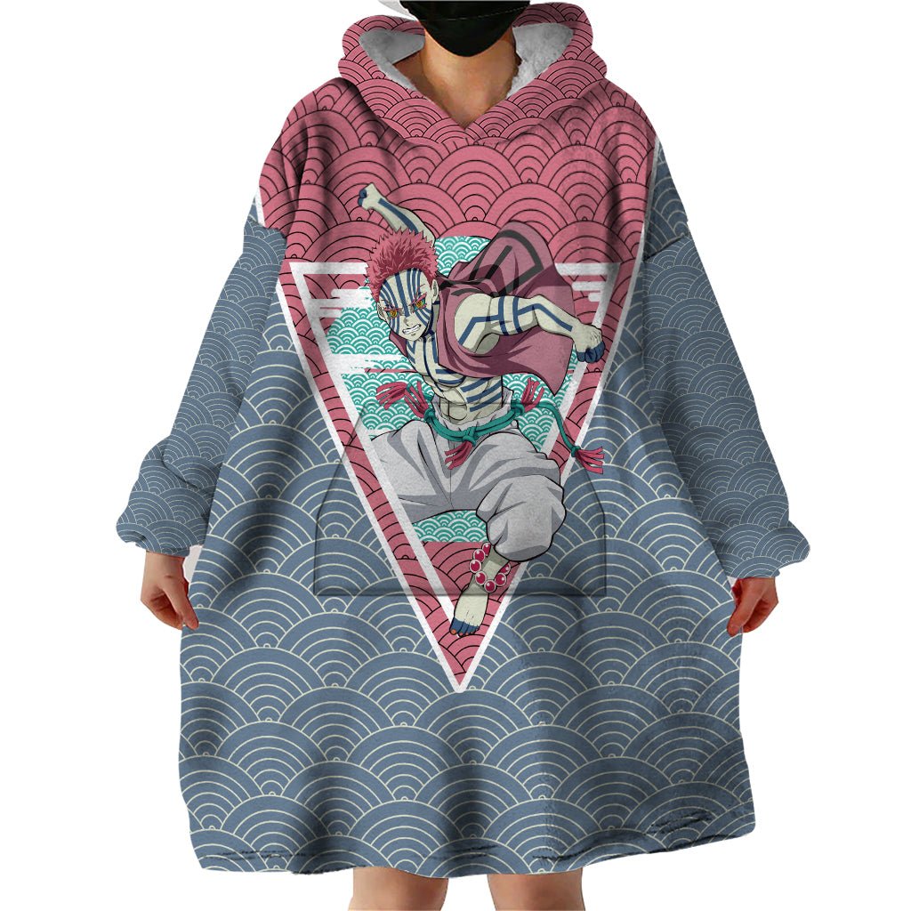 Akaza - Demons Layer Wearable Blanket Hoodie Anime Mix Japan Pattern Style TS04 - The Mazicc - Adult - One Size - Gray/Red