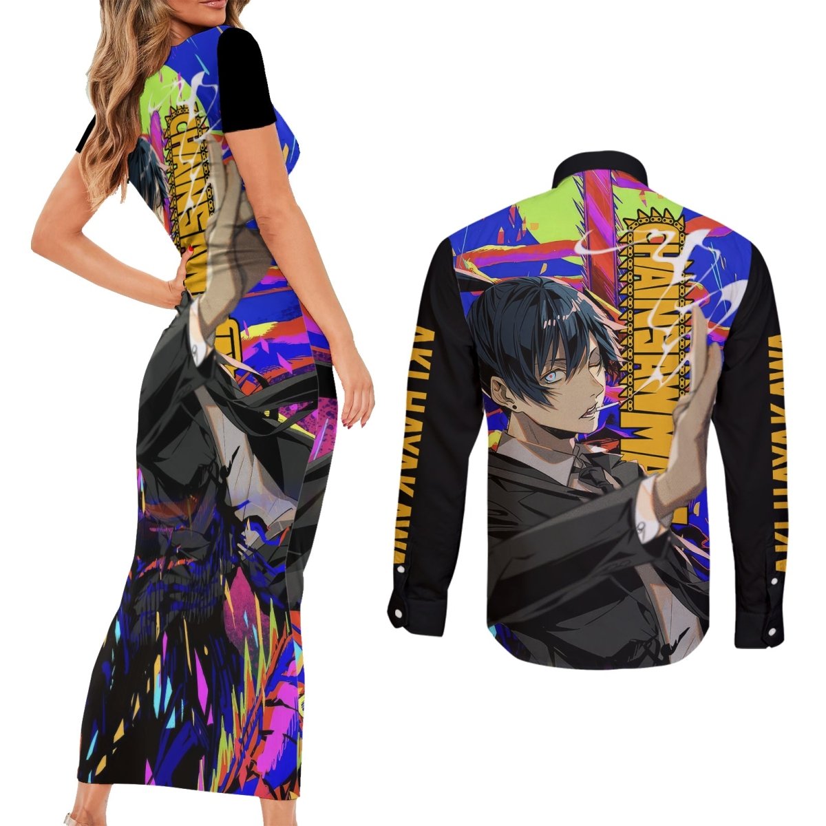 Aki Hayakawa Couples Matching Short Sleeve Bodycon Dress and Long Sleeve Button Shirt Chainsaw Man TS04 - The Mazicc - S - S - Black