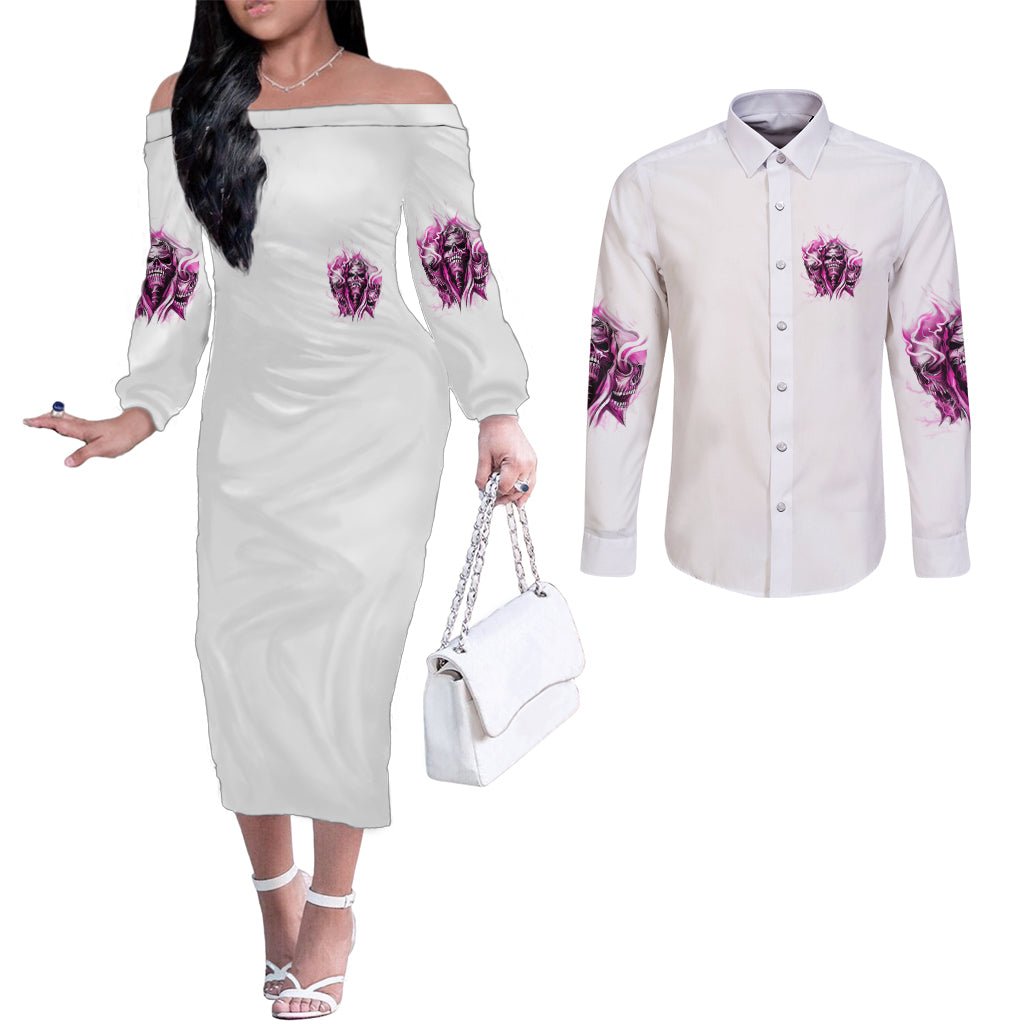 Always A Strong Women Skull Couples Matching Off The Shoulder Long Sleeve Dress and Long Sleeve Button Shirt TS04 - The Mazicc - S - S - Multicolor