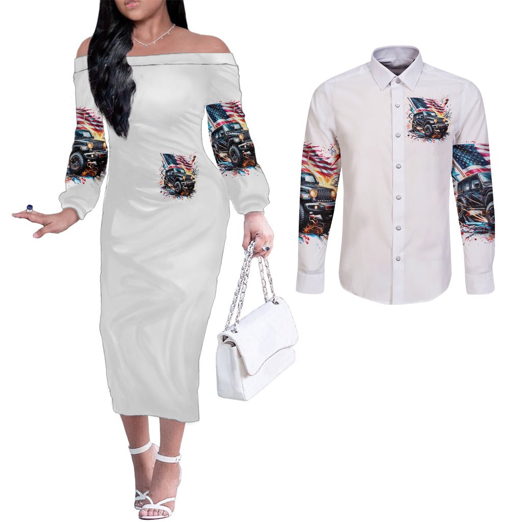 America Jeep Couples Matching Off The Shoulder Long Sleeve Dress and Long Sleeve Button Shirt I'm The Black Jeep Of The Family DT01 - The Mazicc - S - S - White