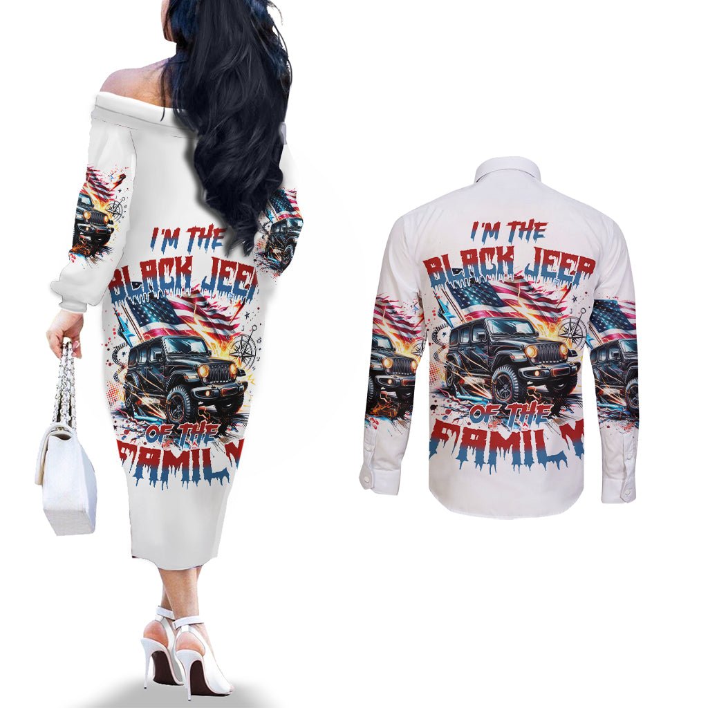 America Jeep Couples Matching Off The Shoulder Long Sleeve Dress and Long Sleeve Button Shirt I'm The Black Jeep Of The Family DT01 - The Mazicc - S - S - White