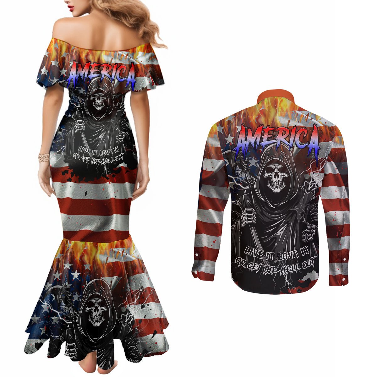 America Live It Love it Or Get the Hell Out Couples Matching Mermaid Dress and Long Sleeve Button Shirts TS04 - The Mazicc - S - S - Multicolor