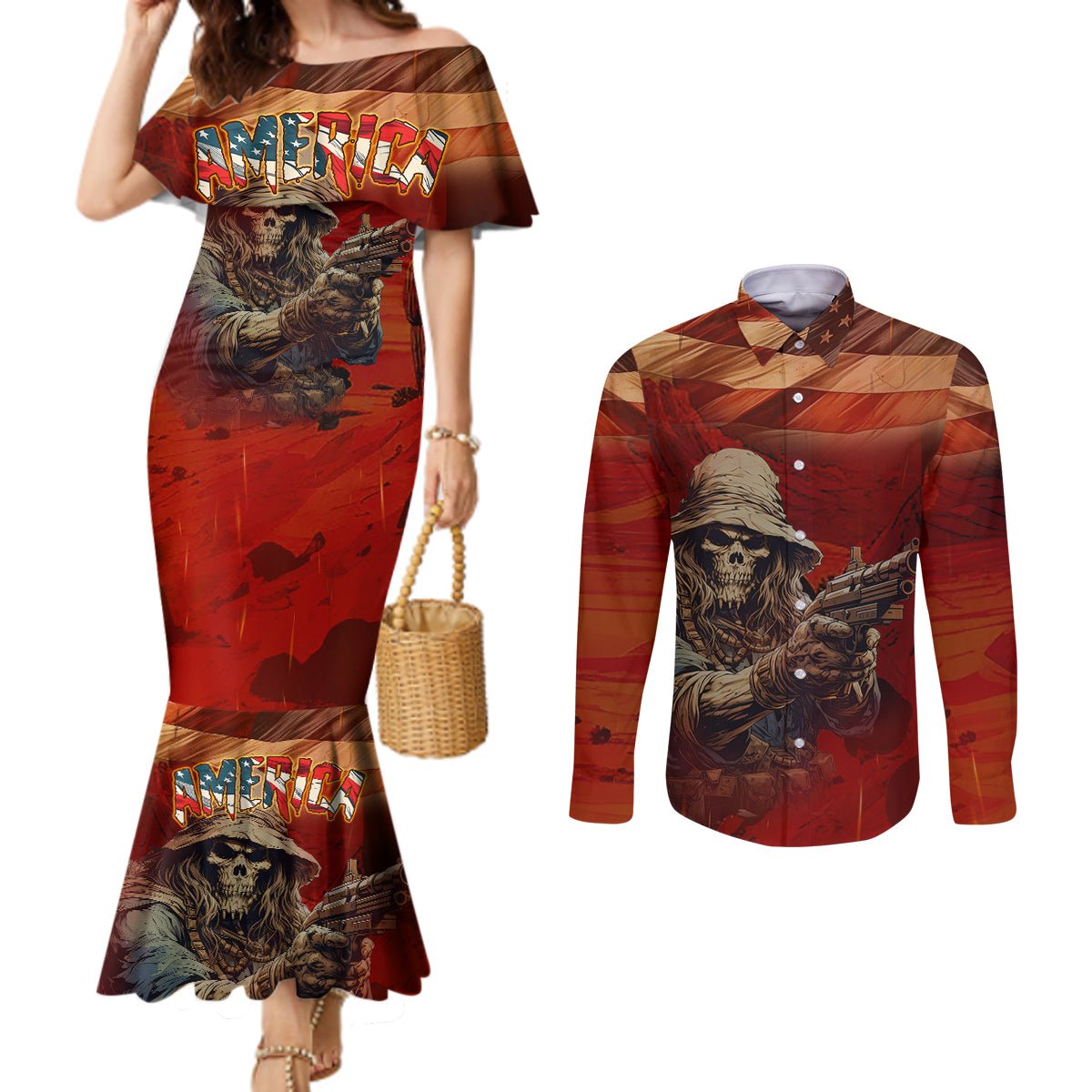 America Live It - Love It Or Get The Hell Out Couples Matching Mermaid Dress and Long Sleeve Button Shirts TS04 - The Mazicc - S - S - Multicolor