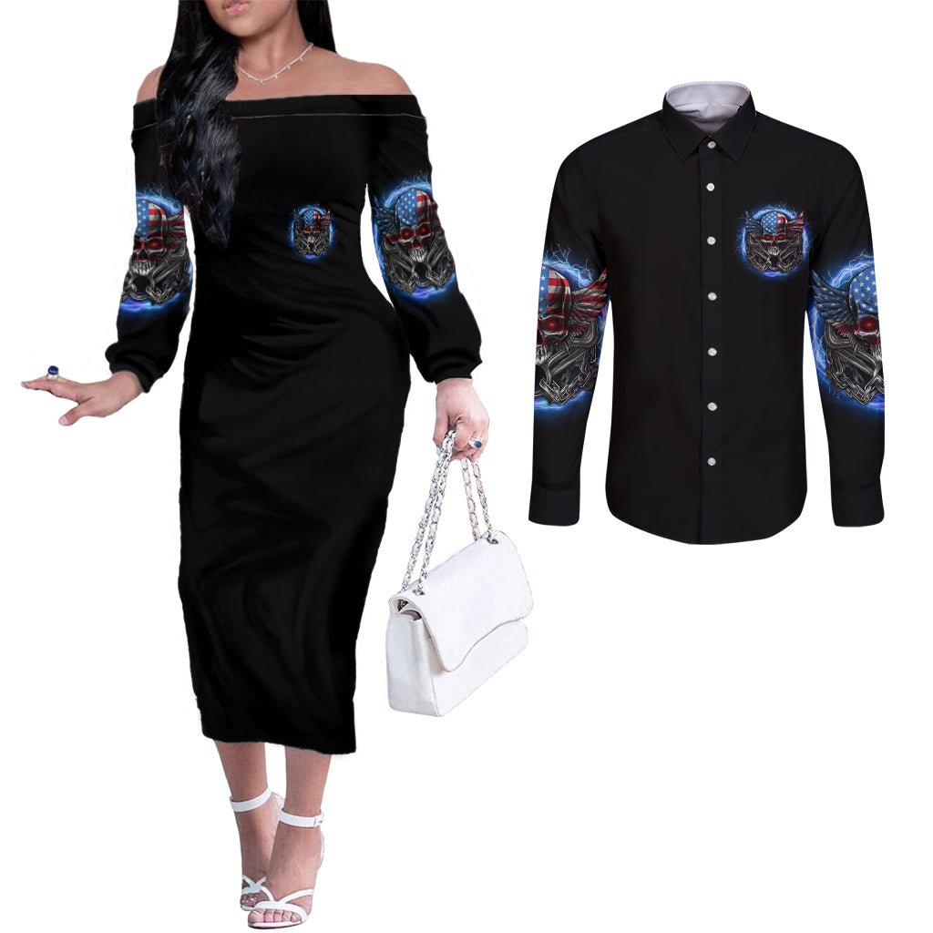 America Live It Love It Or Get The Hell Out Couples Matching Off The Shoulder Long Sleeve Dress and Long Sleeve Button Shirt TS04 - The Mazicc - S - S - Multicolor