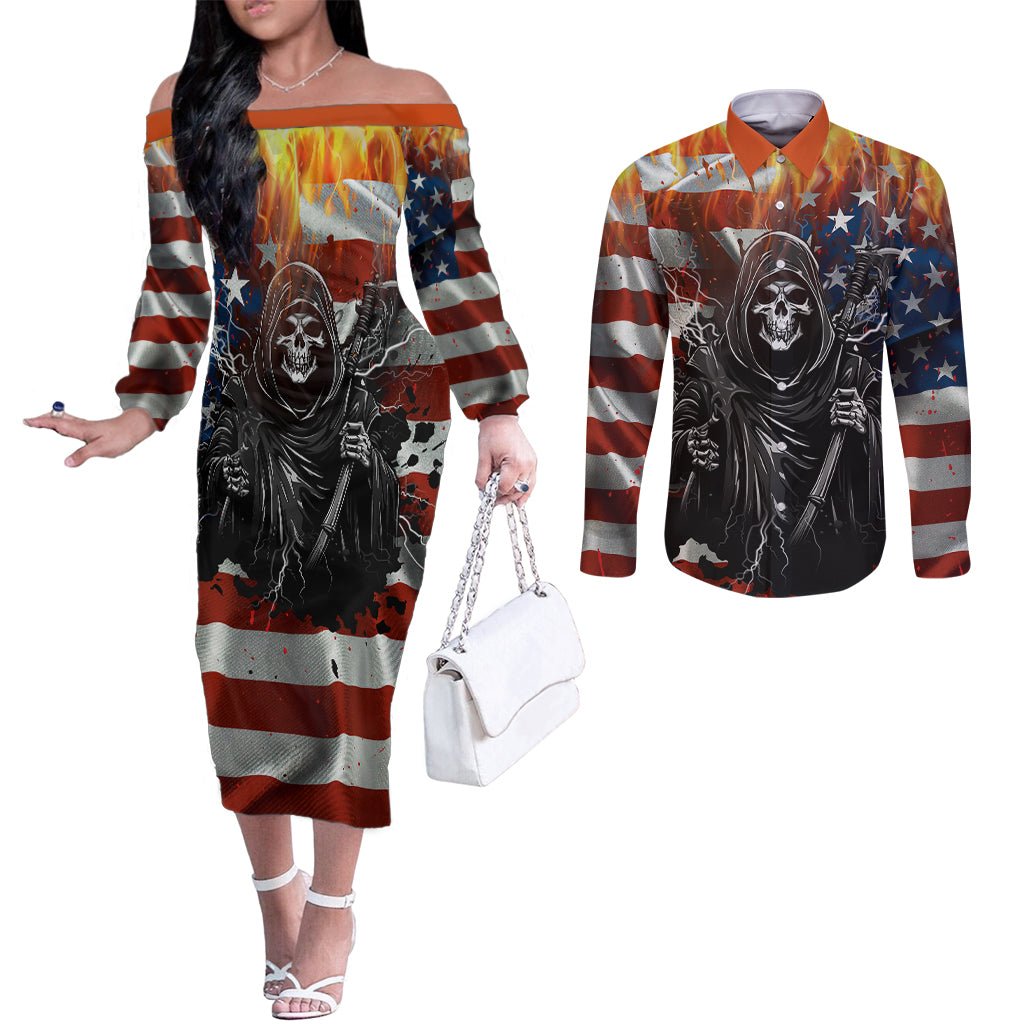 America Live It Love it Or Get the Hell Out Couples Matching Off The Shoulder Long Sleeve Dress and Long Sleeve Button Shirts TS04 - The Mazicc - S - S - Multicolor