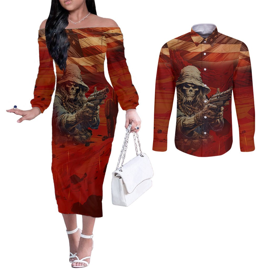 America Live It - Love It Or Get The Hell Out Couples Matching Off The Shoulder Long Sleeve Dress and Long Sleeve Button Shirts TS04 - The Mazicc - S - S - Multicolor