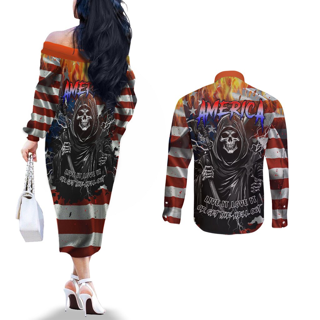 America Live It Love it Or Get the Hell Out Couples Matching Off The Shoulder Long Sleeve Dress and Long Sleeve Button Shirts TS04 - The Mazicc - S - S - Multicolor