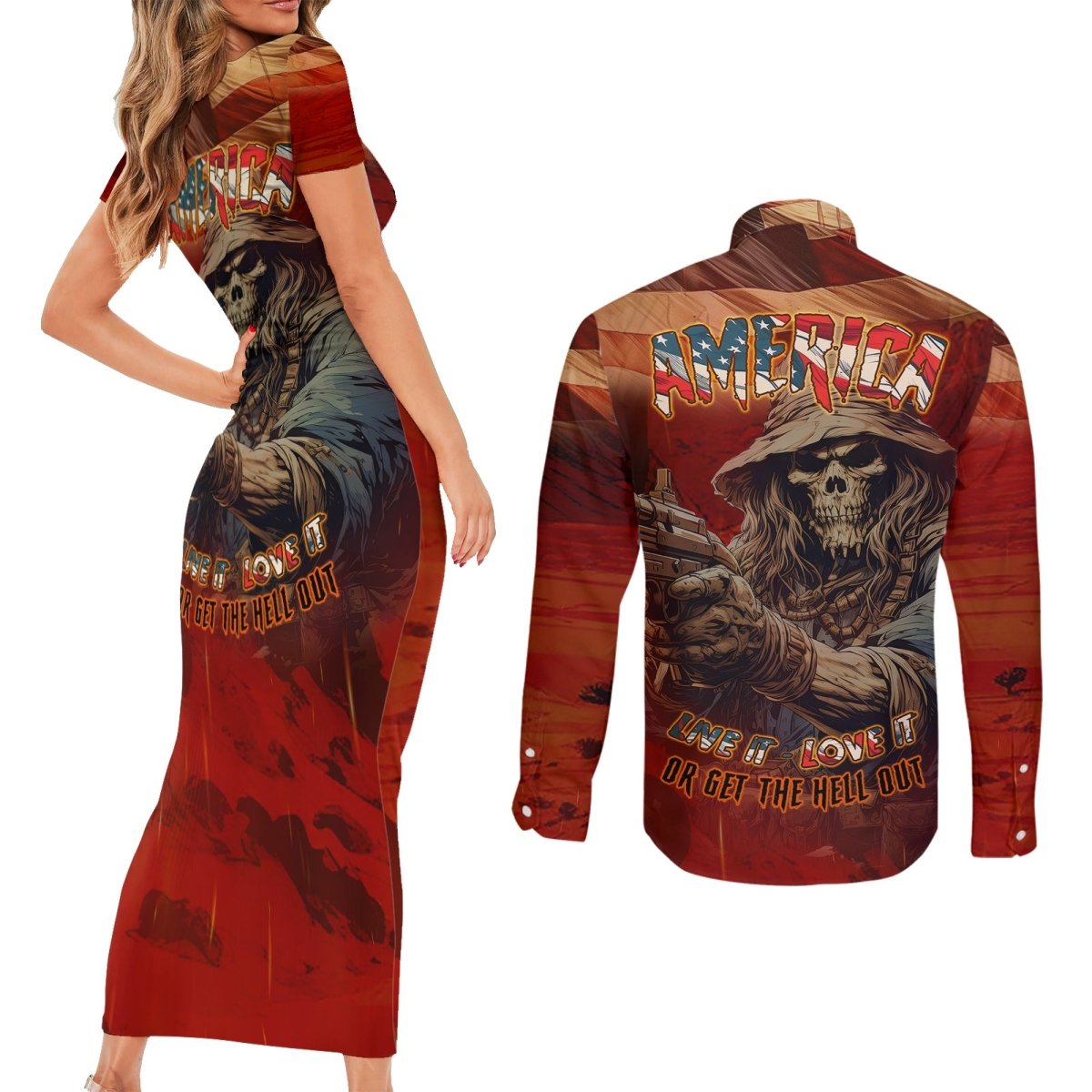 America Live It - Love It Or Get The Hell Out Couples Matching Short Sleeve Bodycon Dress and Long Sleeve Button Shirts TS04 - The Mazicc - S - S - Multicolor