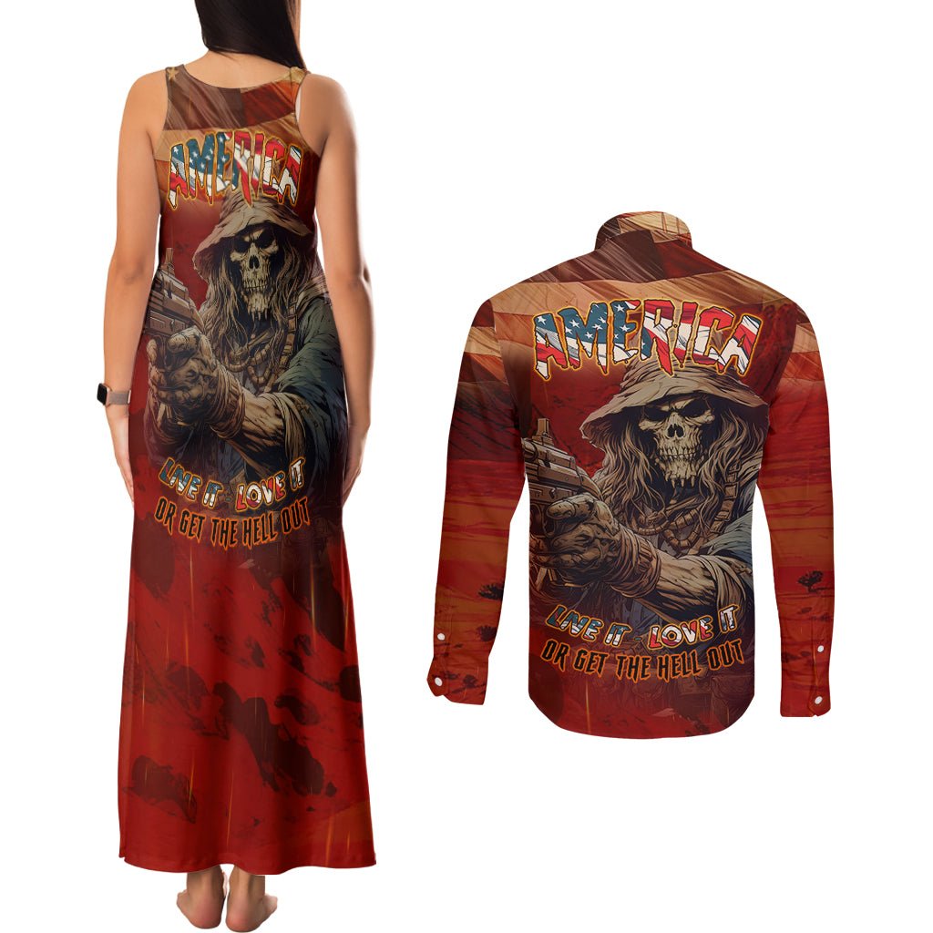 America Live It - Love It Or Get The Hell Out Couples Matching Tank Maxi Dress and Long Sleeve Button Shirts TS04 - The Mazicc - S - S - Multicolor