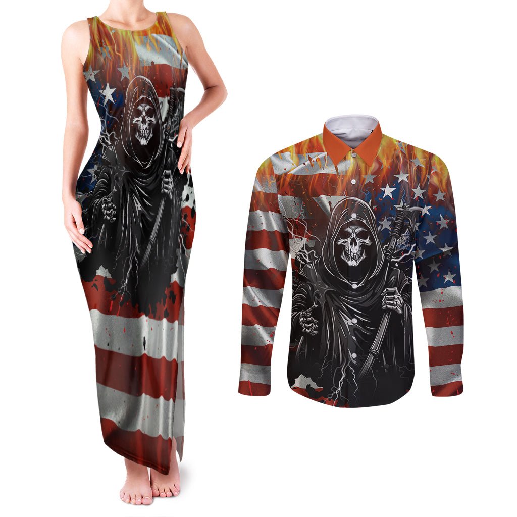 America Live It Love it Or Get the Hell Out Couples Matching Tank Maxi Dress and Long Sleeve Button Shirts TS04 - The Mazicc - S - S - Multicolor