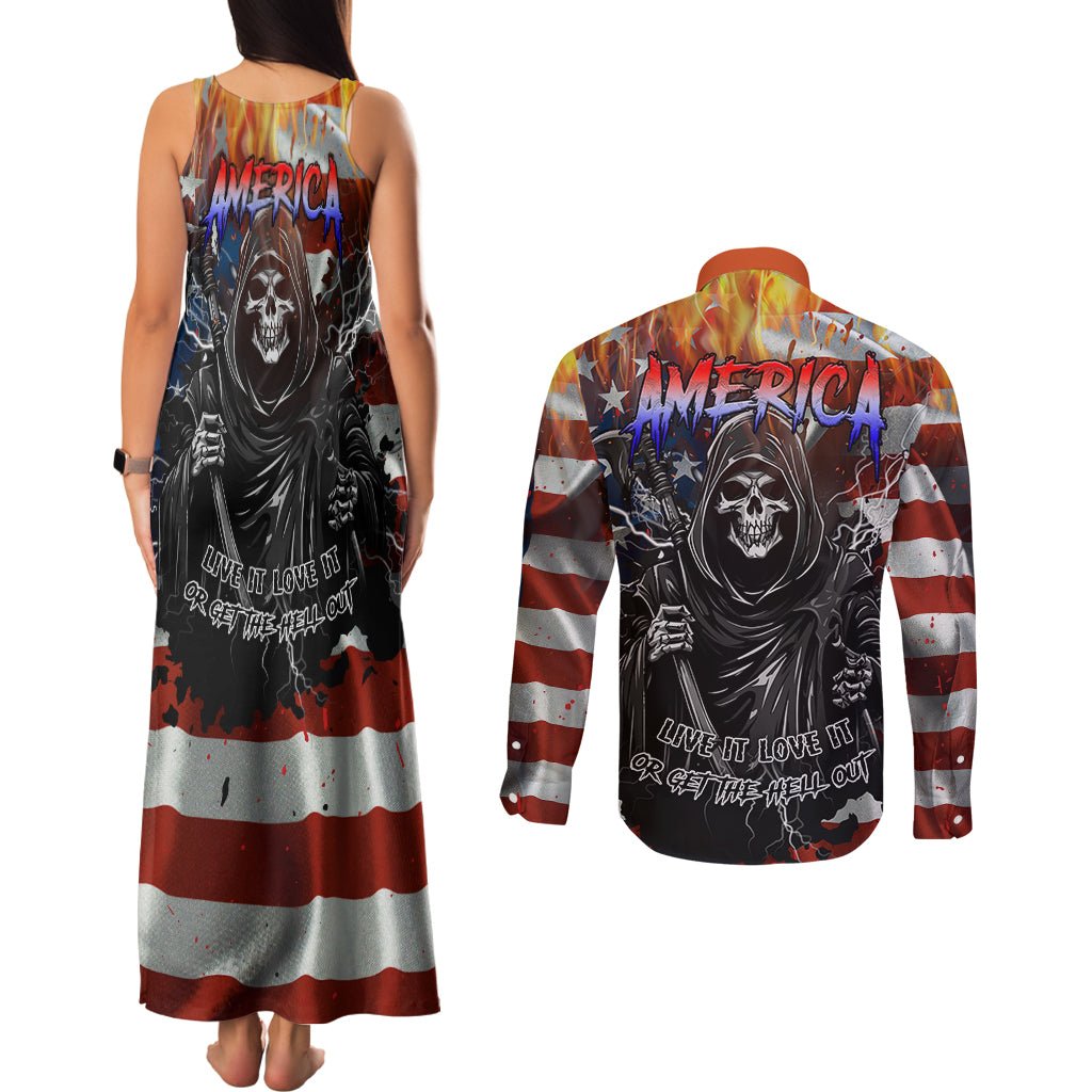 America Live It Love it Or Get the Hell Out Couples Matching Tank Maxi Dress and Long Sleeve Button Shirts TS04 - The Mazicc - S - S - Multicolor