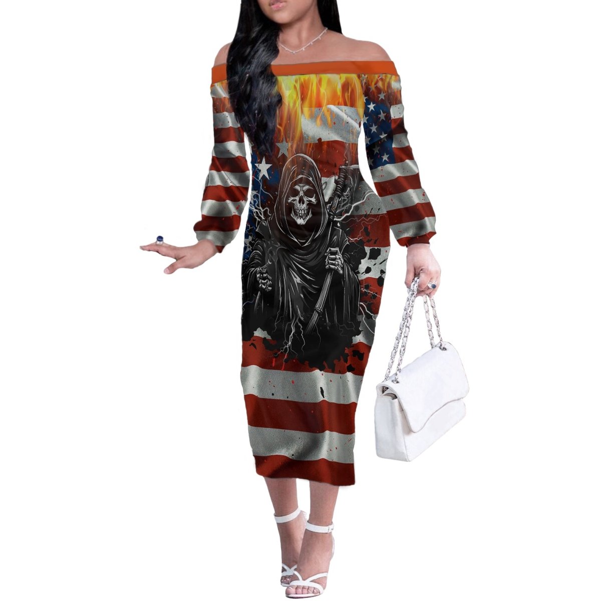 America Live It Love it Or Get the Hell Out Off The Shoulder Long Sleeve Dress TS04 - The Mazicc - Women - S - Multicolor