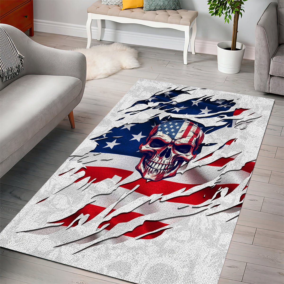 American Flag Skull Area Rug DT02 - The Mazicc - S - 36 x 60 inches - White