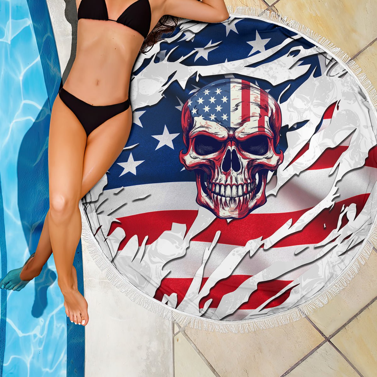 American Flag Skull Beach Blanket DT02 - The Mazicc - One Size - 150cm - White