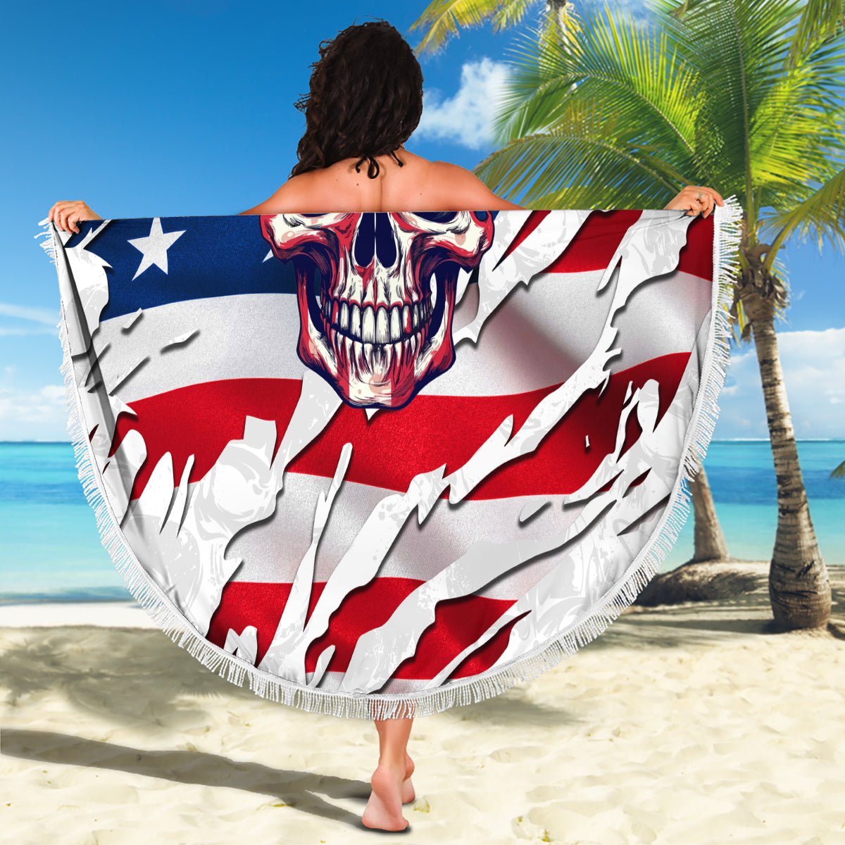 American Flag Skull Beach Blanket DT02 - The Mazicc - One Size - 150cm - White