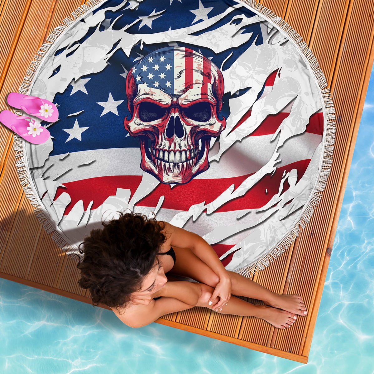 American Flag Skull Beach Blanket DT02 - The Mazicc - One Size - 150cm - White