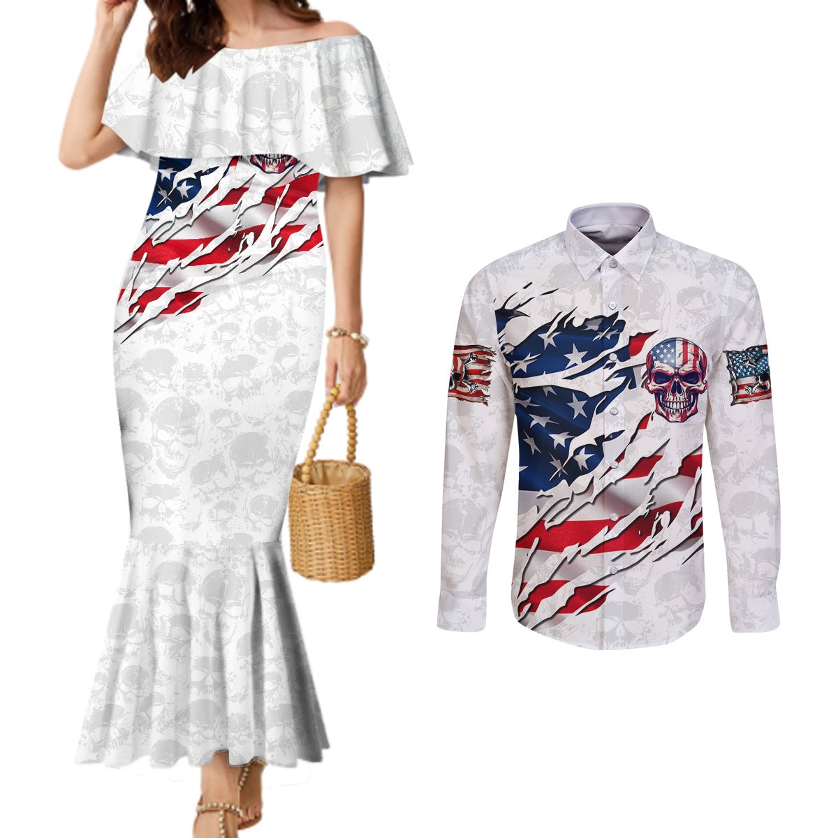 American Flag Skull Couples Matching Mermaid Dress and Long Sleeve Button Shirt DT02 - The Mazicc - S - S - White