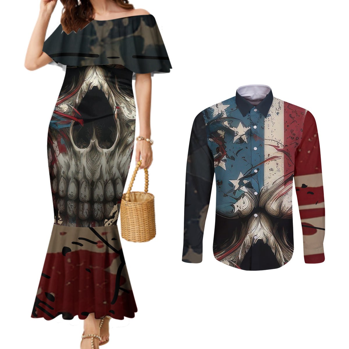 American Flag Skull Couples Matching Mermaid Dress and Long Sleeve Button Shirts I'm Not Anti - Social I'm Just Not User Friendly TS04 - The Mazicc - S - S - Multicolor