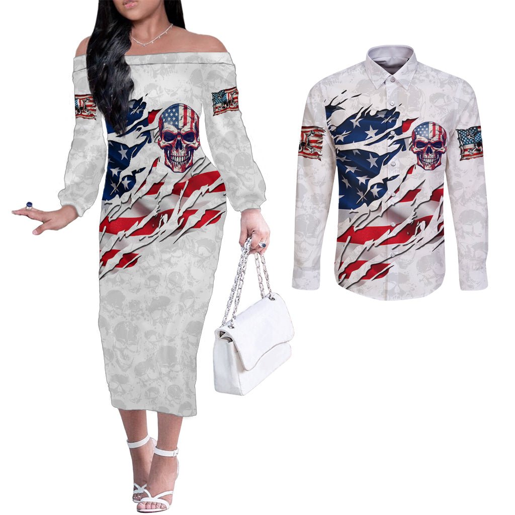 American Flag Skull Couples Matching Off The Shoulder Long Sleeve Dress and Long Sleeve Button Shirt DT02 - The Mazicc - S - S - White