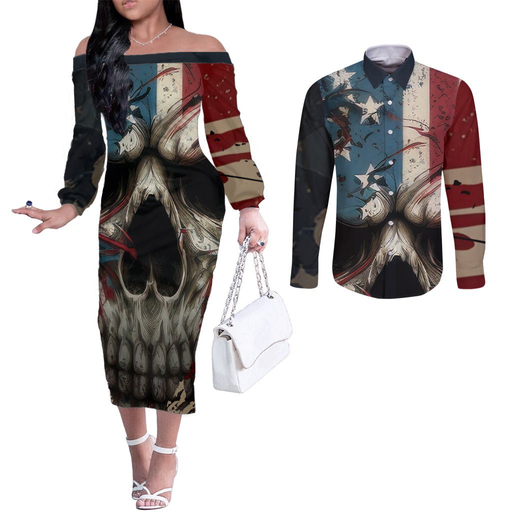 American Flag Skull Couples Matching Off The Shoulder Long Sleeve Dress and Long Sleeve Button Shirts I'm Not Anti - Social I'm Just Not User Friendly TS04 - The Mazicc - S - S - Multicolor