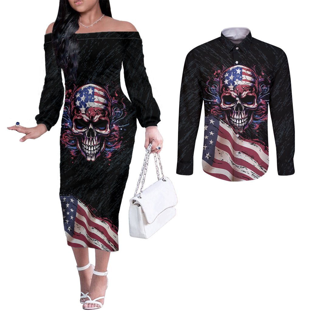 American Flag Skull Couples Matching Off The Shoulder Long Sleeve Dress and Long Sleeve Button Shirts Sorry If My Patriotism Offends You Trust Me TS04 - The Mazicc - S - S - Black Grunge