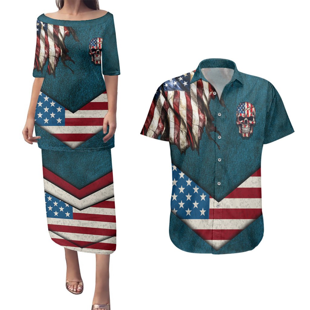 American Flag Skull Couples Matching Puletasi Dress and Hawaiian Shirt I'm an American I Have The Right To Bear Arms Your Approval Is Not Required TS04 - The Mazicc - S - S - Dark Cyan
