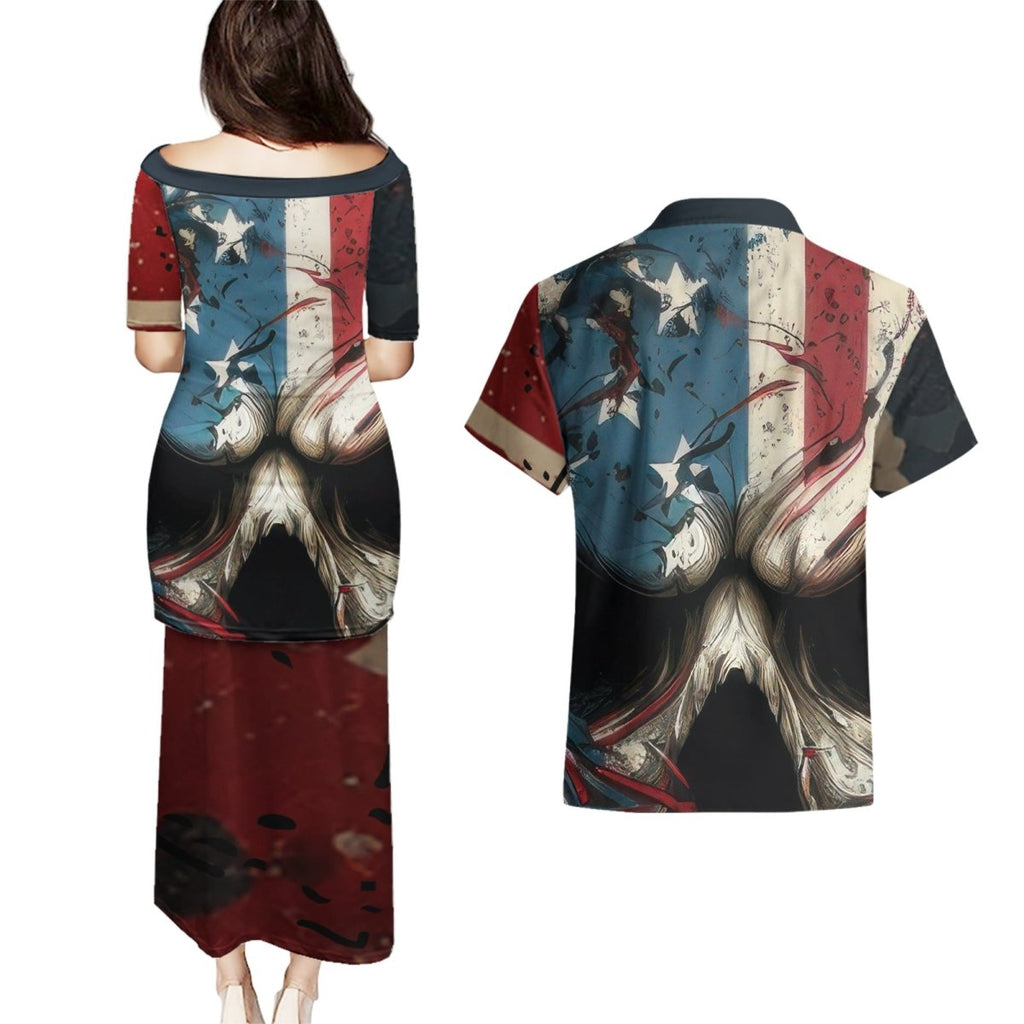 American Flag Skull Couples Matching Puletasi Dress and Hawaiian Shirt I'm Not Anti - Social I'm Just Not User Friendly TS04 - The Mazicc - S - S - Multicolor