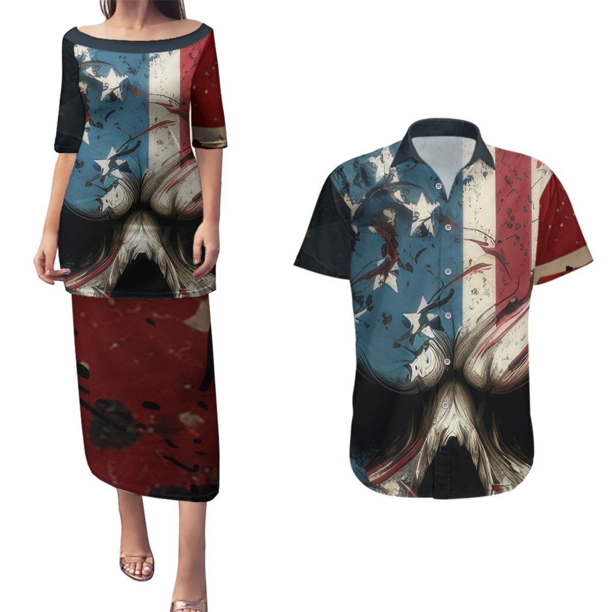 American Flag Skull Couples Matching Puletasi Dress and Hawaiian Shirt I'm Not Anti - Social I'm Just Not User Friendly TS04 - The Mazicc - S - S - Multicolor