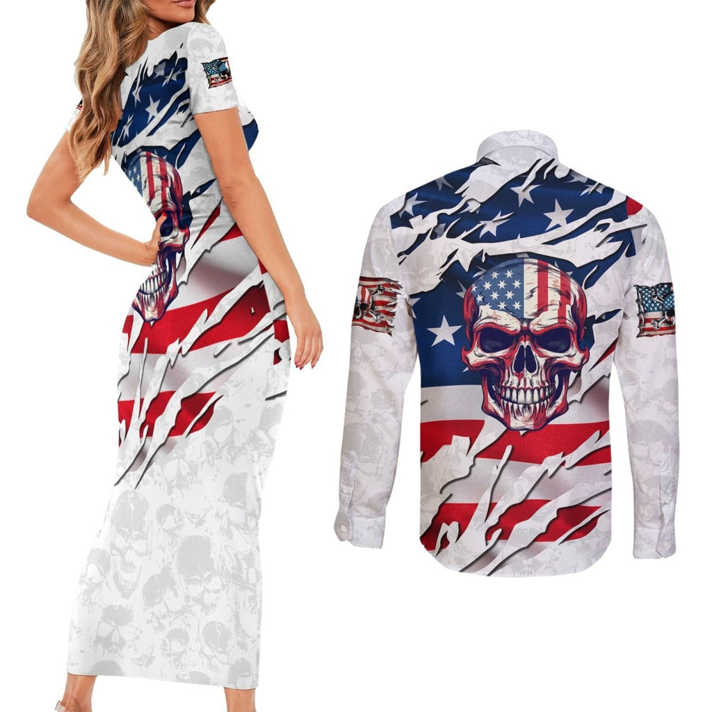 American Flag Skull Couples Matching Short Sleeve Bodycon Dress and Long Sleeve Button Shirt DT02 - The Mazicc - S - S - White