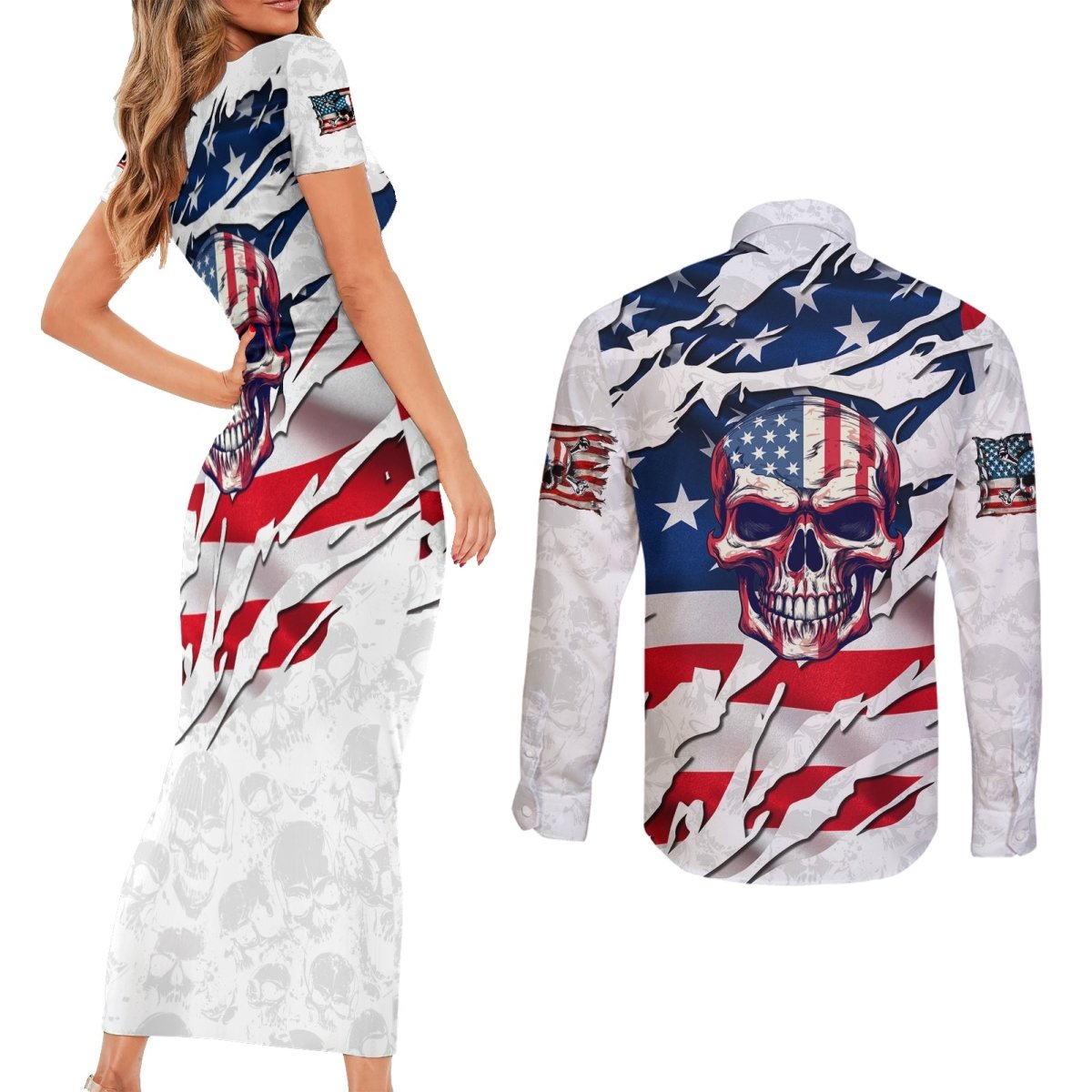 American Flag Skull Couples Matching Short Sleeve Bodycon Dress and Long Sleeve Button Shirt DT02 - The Mazicc - S - S - White