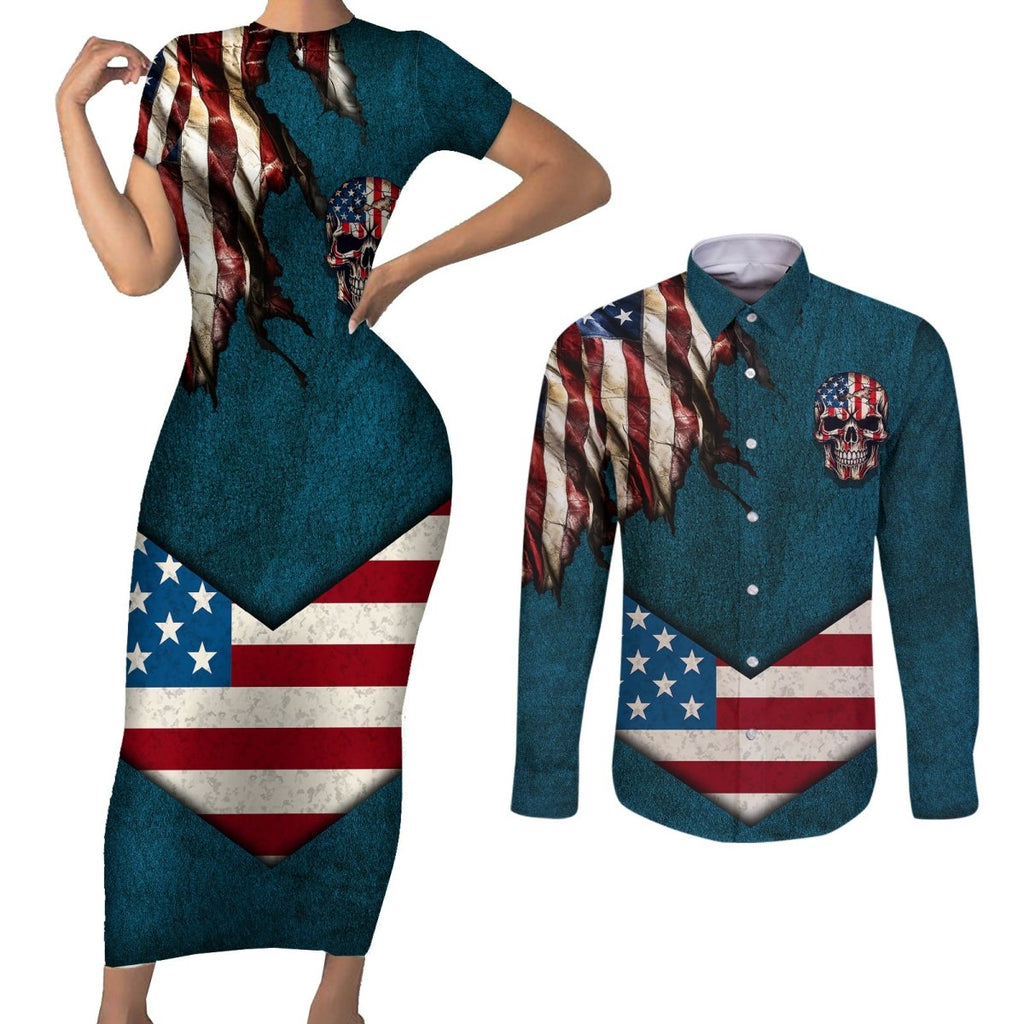 American Flag Skull Couples Matching Short Sleeve Bodycon Dress and Long Sleeve Button Shirts I'm an American I Have The Right To Bear Arms Your Approval Is Not Required TS04 - The Mazicc - S - S - Dark Cyan