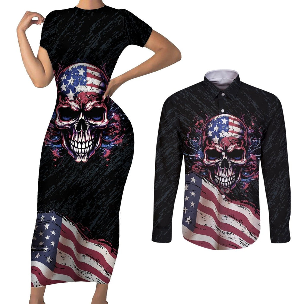 American Flag Skull Couples Matching Short Sleeve Bodycon Dress and Long Sleeve Button Shirts Sorry If My Patriotism Offends You Trust Me TS04 - The Mazicc - S - S - Black Grunge