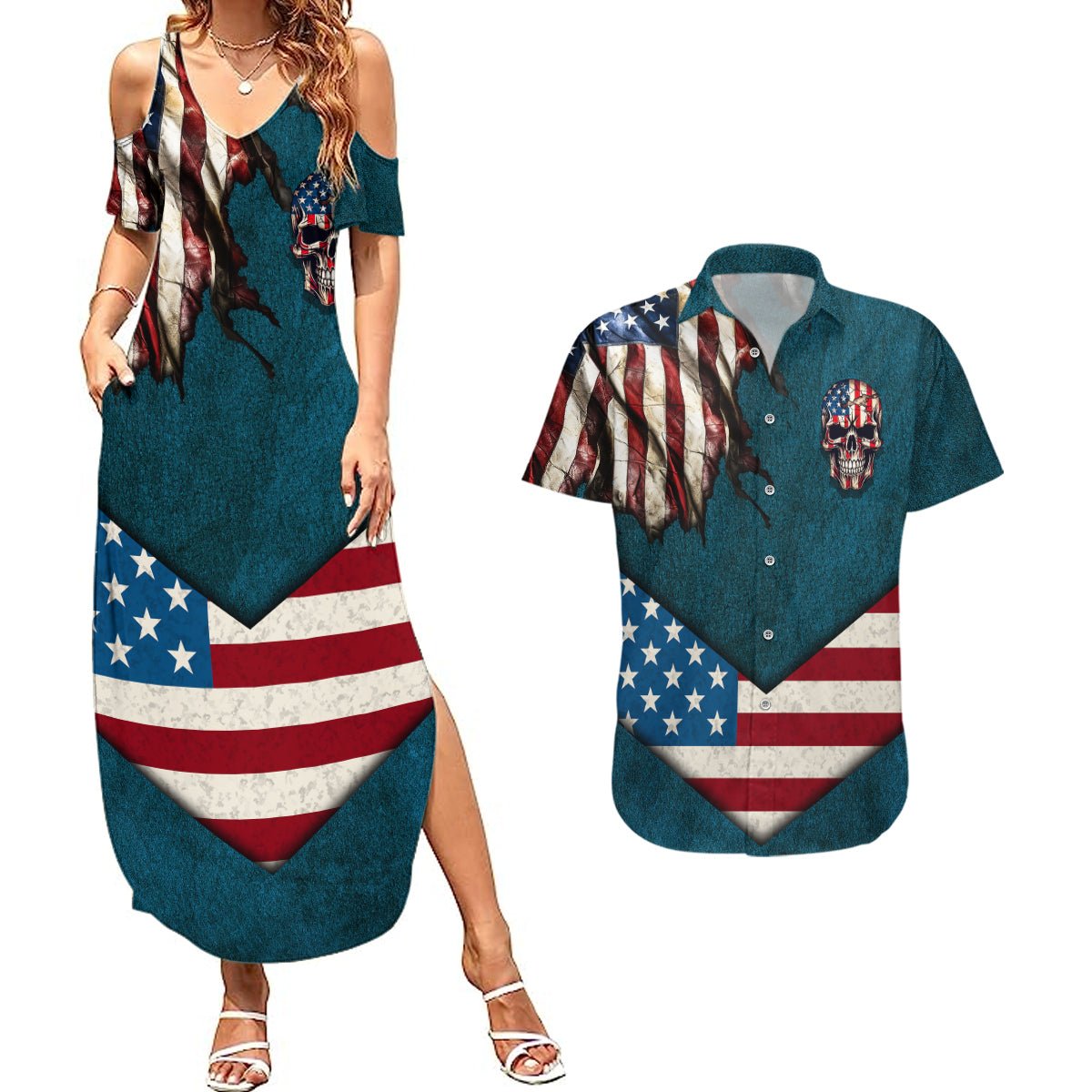 American Flag Skull Couples Matching Summer Maxi Dress and Hawaiian Shirt I'm an American I Have The Right To Bear Arms Your Approval Is Not Required TS04 - The Mazicc - S - S - Dark Cyan