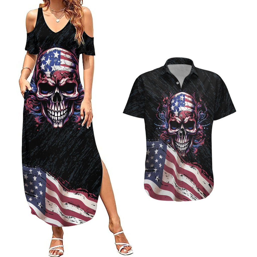 American Flag Skull Couples Matching Summer Maxi Dress and Hawaiian Shirt Sorry If My Patriotism Offends You Trust Me TS04 - The Mazicc - S - S - Black Grunge