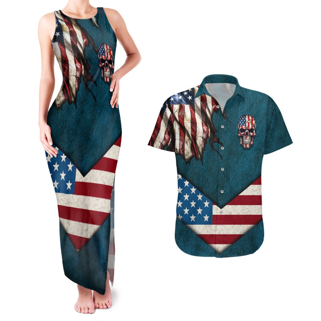 American Flag Skull Couples Matching Tank Maxi Dress and Hawaiian Shirt I'm an American I Have The Right To Bear Arms Your Approval Is Not Required TS04 - The Mazicc - S - S - Dark Cyan