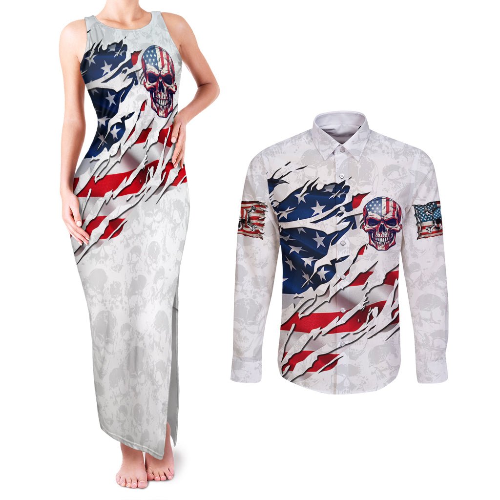 American Flag Skull Couples Matching Tank Maxi Dress and Long Sleeve Button Shirt DT02 - The Mazicc - S - S - White
