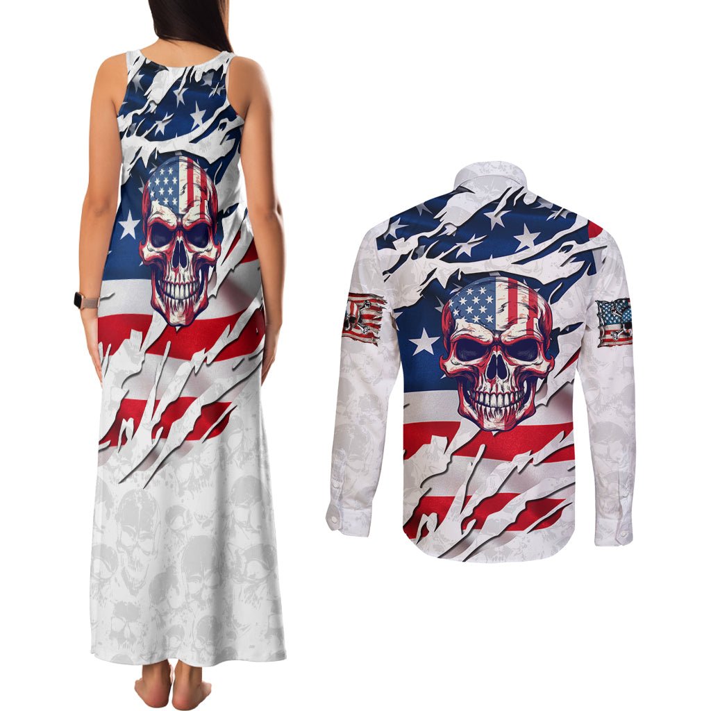American Flag Skull Couples Matching Tank Maxi Dress and Long Sleeve Button Shirt DT02 - The Mazicc - S - S - White