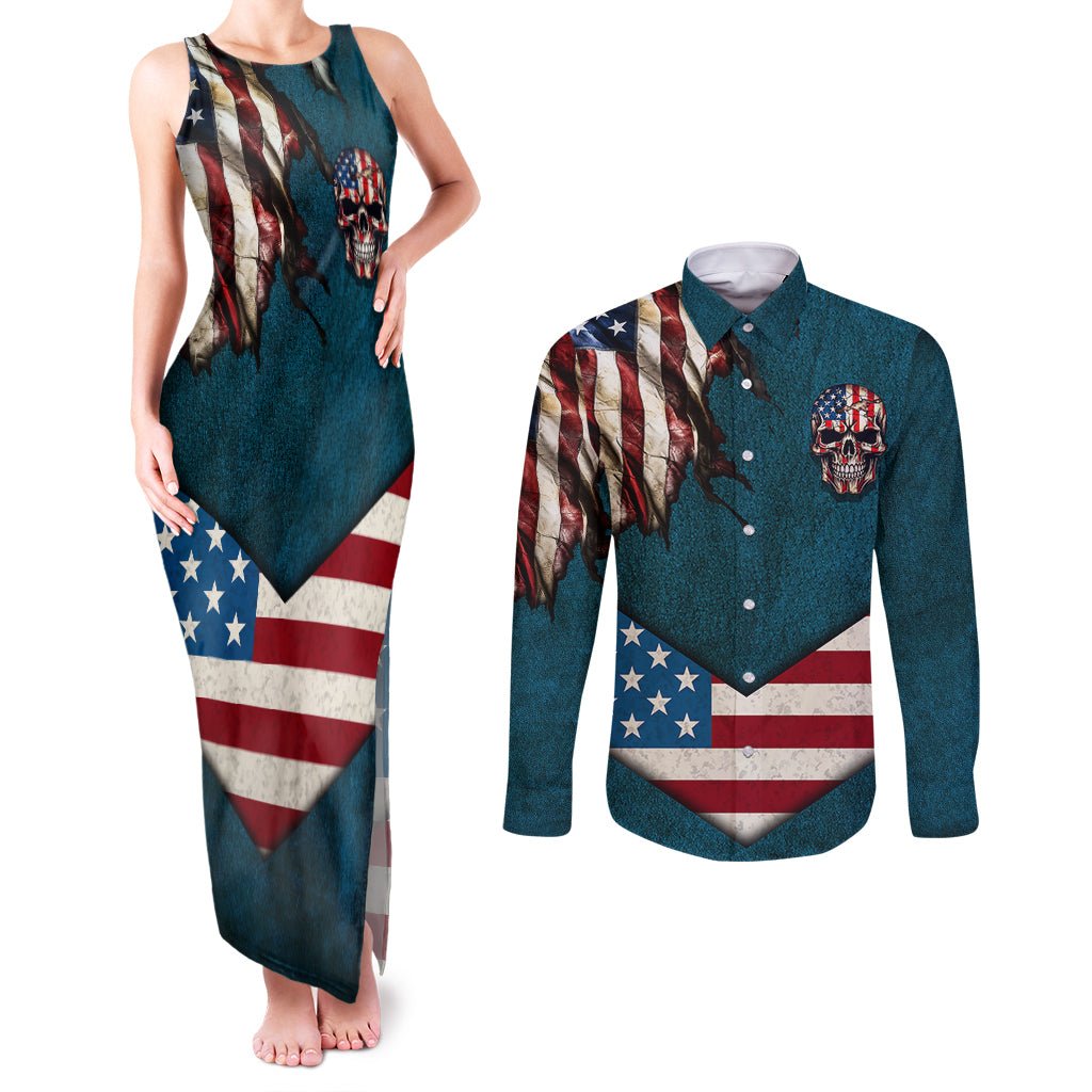 American Flag Skull Couples Matching Tank Maxi Dress and Long Sleeve Button Shirts I'm an American I Have The Right To Bear Arms Your Approval Is Not Required TS04 - The Mazicc - S - S - Dark Cyan