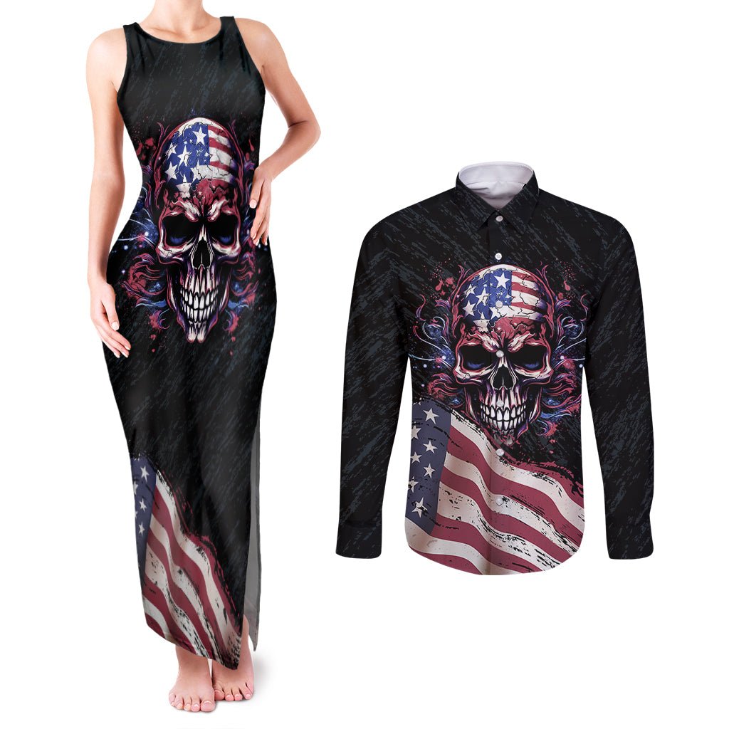 American Flag Skull Couples Matching Tank Maxi Dress and Long Sleeve Button Shirts Sorry If My Patriotism Offends You Trust Me TS04 - The Mazicc - S - S - Black Grunge
