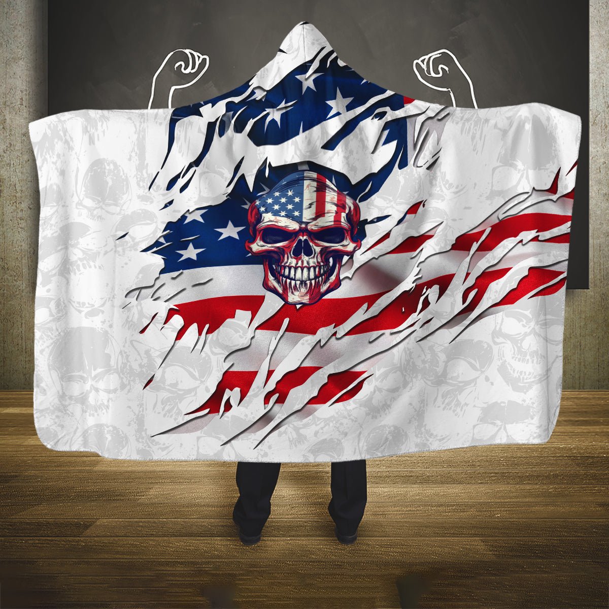 American Flag Skull Hooded Blanket DT02 - The Mazicc - Youth 60"x45" - One Size - White